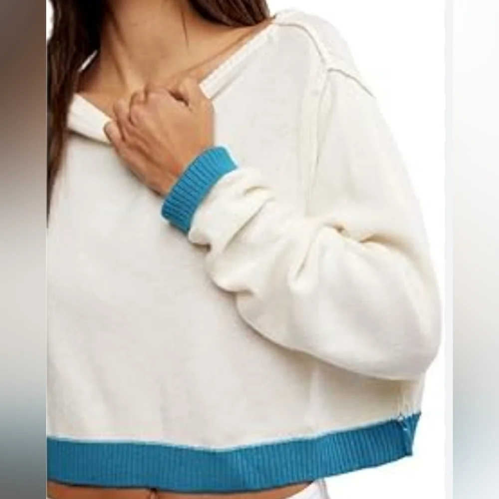 Free People Cream Cropped Sweater with Teal Trim - Picture 4 of 16
